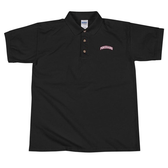 PokeGang Men's Black Short Sleeve Button Up Pink Logo Sport Polo Shirt Size S - Picture 2 of 6